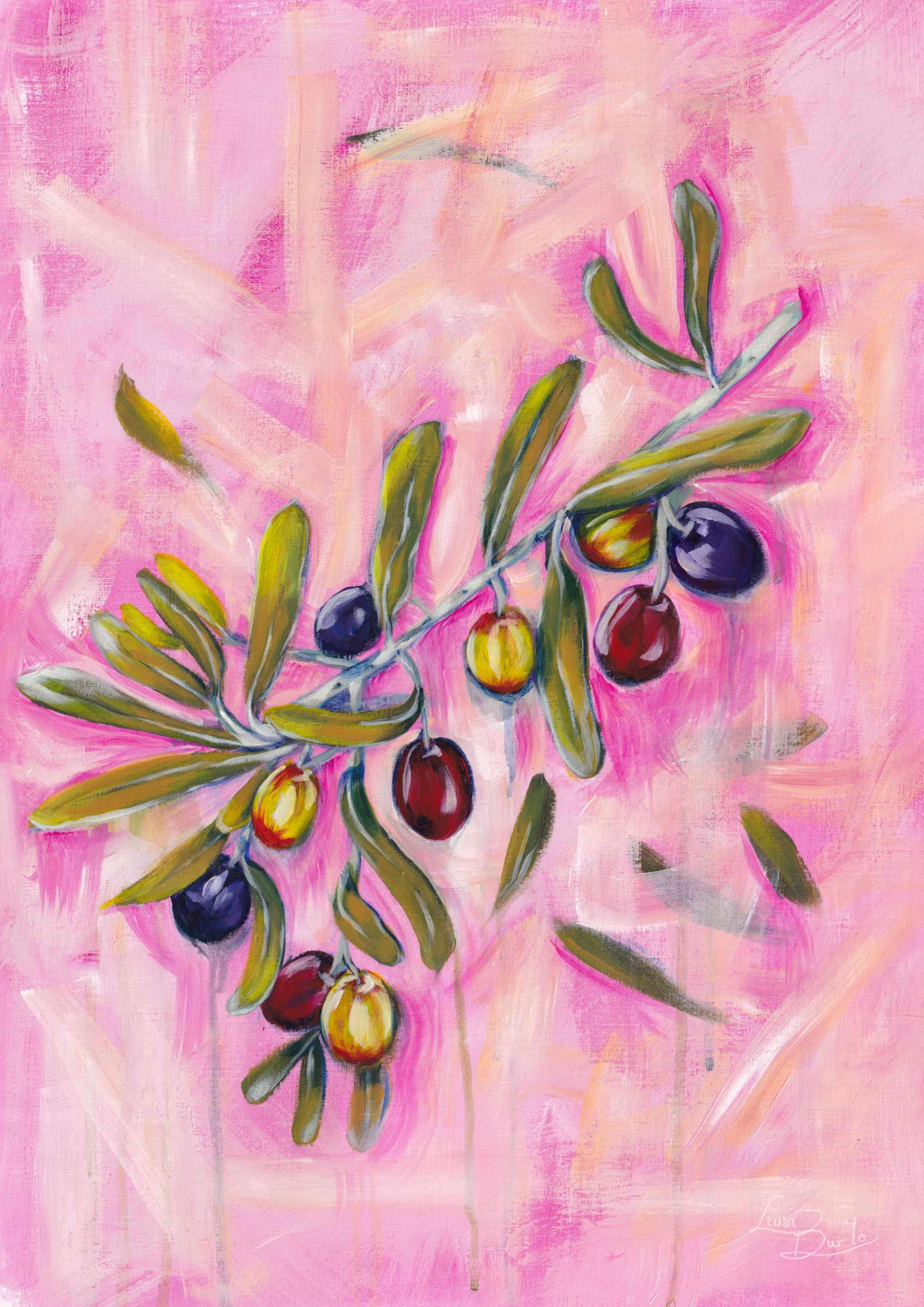 Fine art paper print or her original acrylic artwork of "Olives" from series "Mediterranean Table". A2, A3, A4 scale and prints 

Colorful abstract food art with dark purple, deep red, and rich yellow fruit, and green leaves on a textured pink background. Rectangle vertical or portrait orientation. Made in Melbourne, Australia