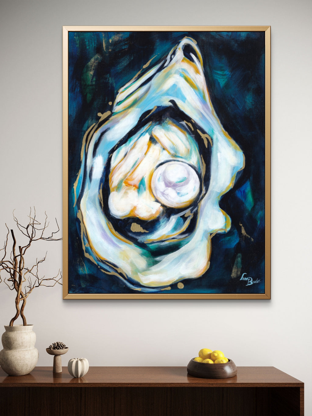 Framed Luna Burlo abstract food art painting of an oyster with a pearl on a wall above a wooden living room or dining room console table.

Framed Luna Burlo fine art paper print or her original artwork of Oyster from series "Mediterranean Table".

Colorful abstract food art with white pearland gold accents on a drak blue and green background. Rectangle vertical or portrait orientation. Made in Melbourne, Australia