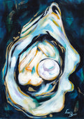 Artistic depiction of an oyster with a pearl inside on a dark background.

Luna Burlo fine art paper print or her original artwork of Oyster from series "Mediterranean Table". A2, A3, A4 scale size

Colorful abstract food art with white pearland gold accents on a drak blue and green background. Rectangle vertical or portrait orientation. Made in Melbourne, Australia