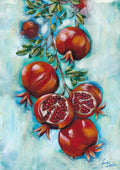 Painting of pomegranates on a branch with a light blue background.

Luna Burlo fine art paper print or her original artwork of Pomegranates from series "Mediterranean Table". A2, A3, A4 scale size

Colorful abstract food art with red fruit, vibrant green leaves, and turquoise blue background. Rectangle vertical or portrait orientation. Made in Melbourne, Australia