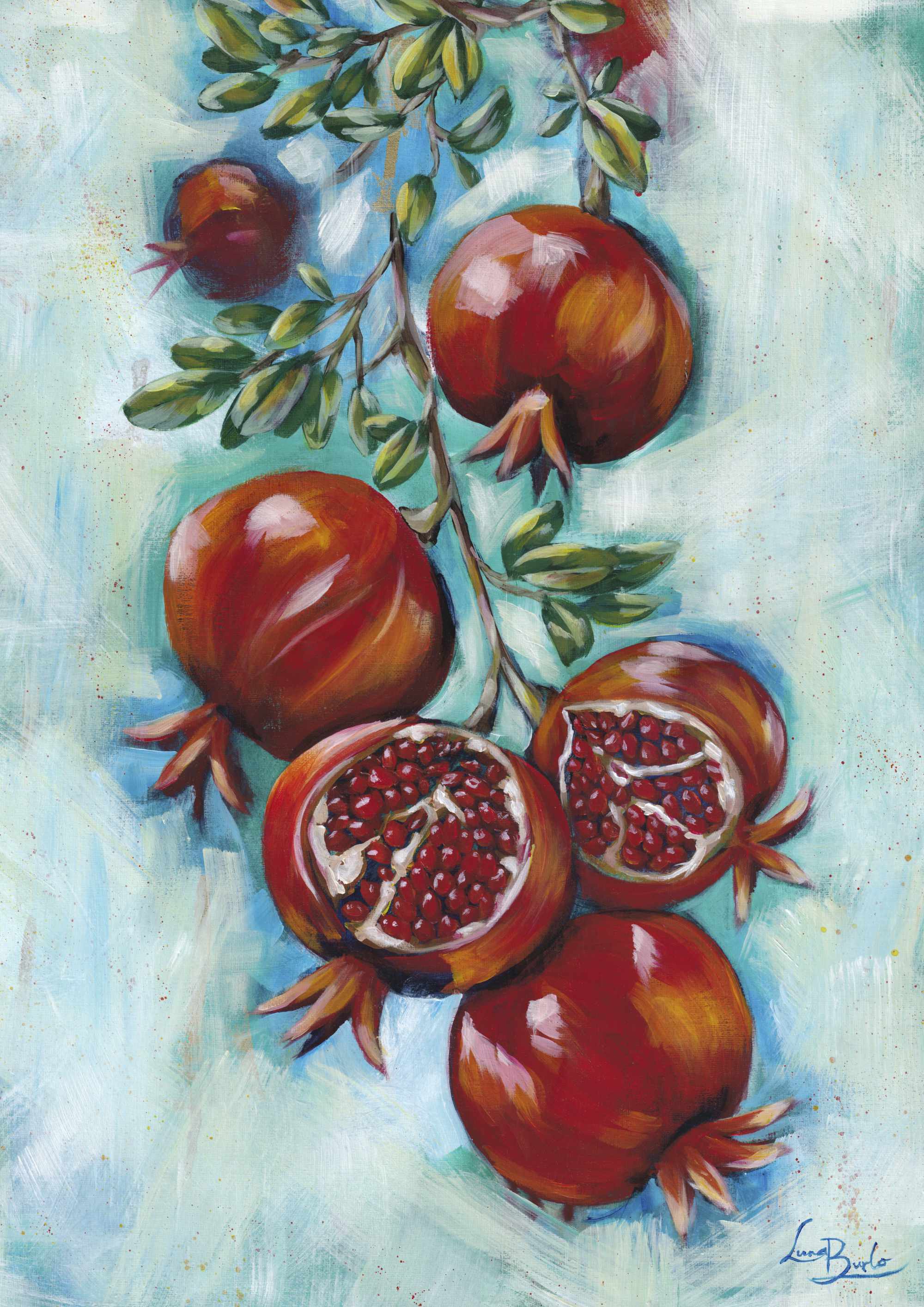 Painting of pomegranates on a branch with a light blue background.

Luna Burlo fine art paper print or her original artwork of Pomegranates from series "Mediterranean Table". A2, A3, A4 scale size

Colorful abstract food art with red fruit, vibrant green leaves, and turquoise blue background. Rectangle vertical or portrait orientation. Made in Melbourne, Australia