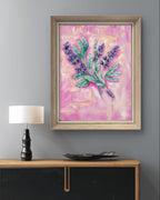 Framed Luna Burlo painting of sage on a grey wall above a wooden console table with a lamp and decorative bowl.

Fine art paper print or original acrylic artwork of "Sage" from series "Mediterranean Table".

Colorful abstract food art with purple herb flowers and green leaves on a textured pink background. Rectangle vertical or portrait orientation. Made in Melbourne, Australia