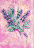 Painting of lavender flowers on a pink abstract background.

Fine art paper print artwork of "Sage" from series "Mediterranean Table". a2-a3-a4-size available

Colorful abstract food art with purple herb flowers and green leaves on a textured pink background. Rectangle vertical or portrait orientation. Made in Melbourne, Australia