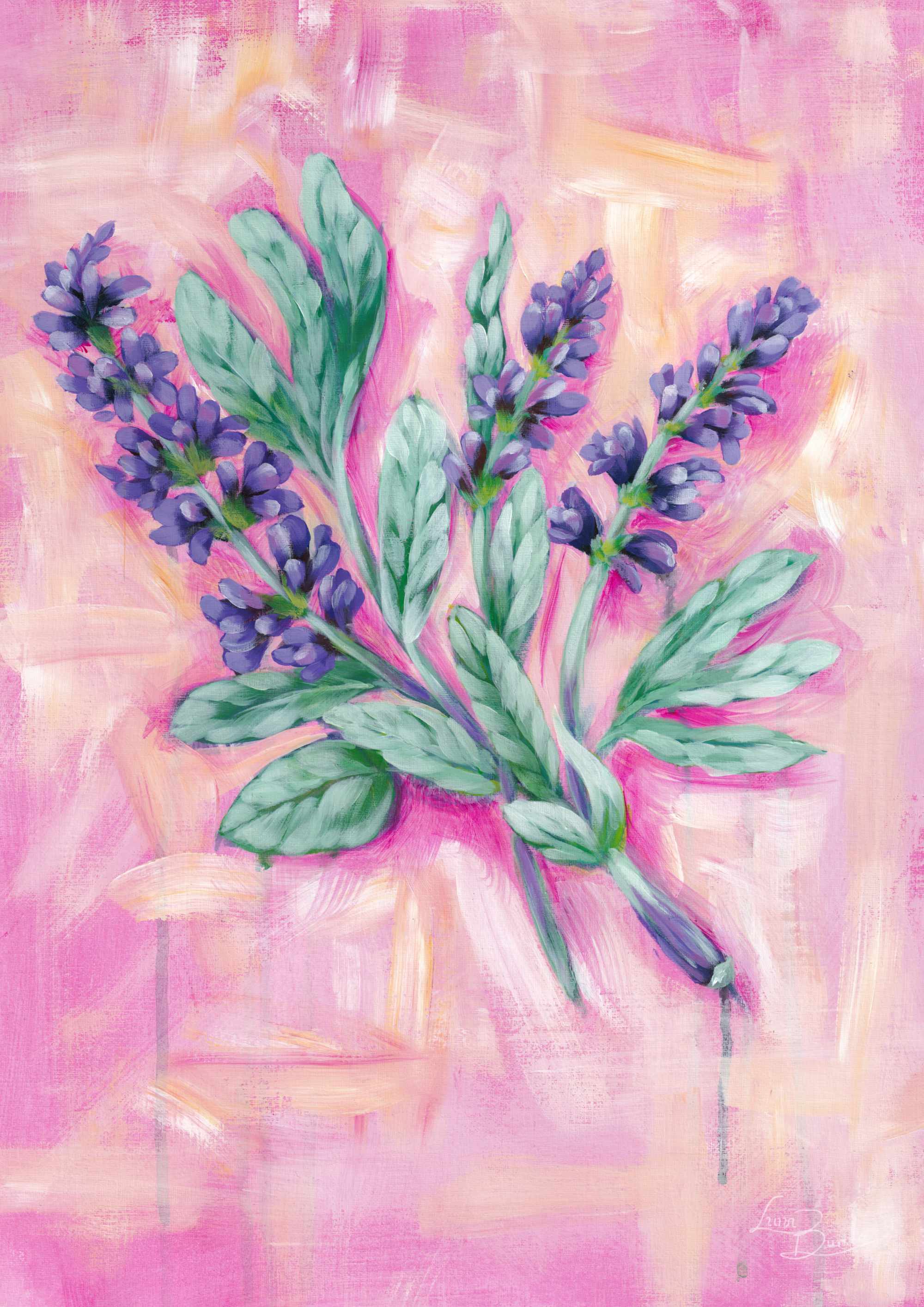 Painting of lavender flowers on a pink abstract background.

Fine art paper print artwork of "Sage" from series "Mediterranean Table". a2-a3-a4-size available

Colorful abstract food art with purple herb flowers and green leaves on a textured pink background. Rectangle vertical or portrait orientation. Made in Melbourne, Australia