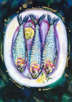 Artistic depiction of three fish with a lemon on a decorative background.

Fine art paper print or her original artwork of "Sardines" from series "Mediterranean Table". A2, A3, A4 scale size

Colorful abstract food art with white, purple, and gold accents on a dark blue and green background. Rectangle vertical or portrait orientation. Made in Melbourne, Australia
