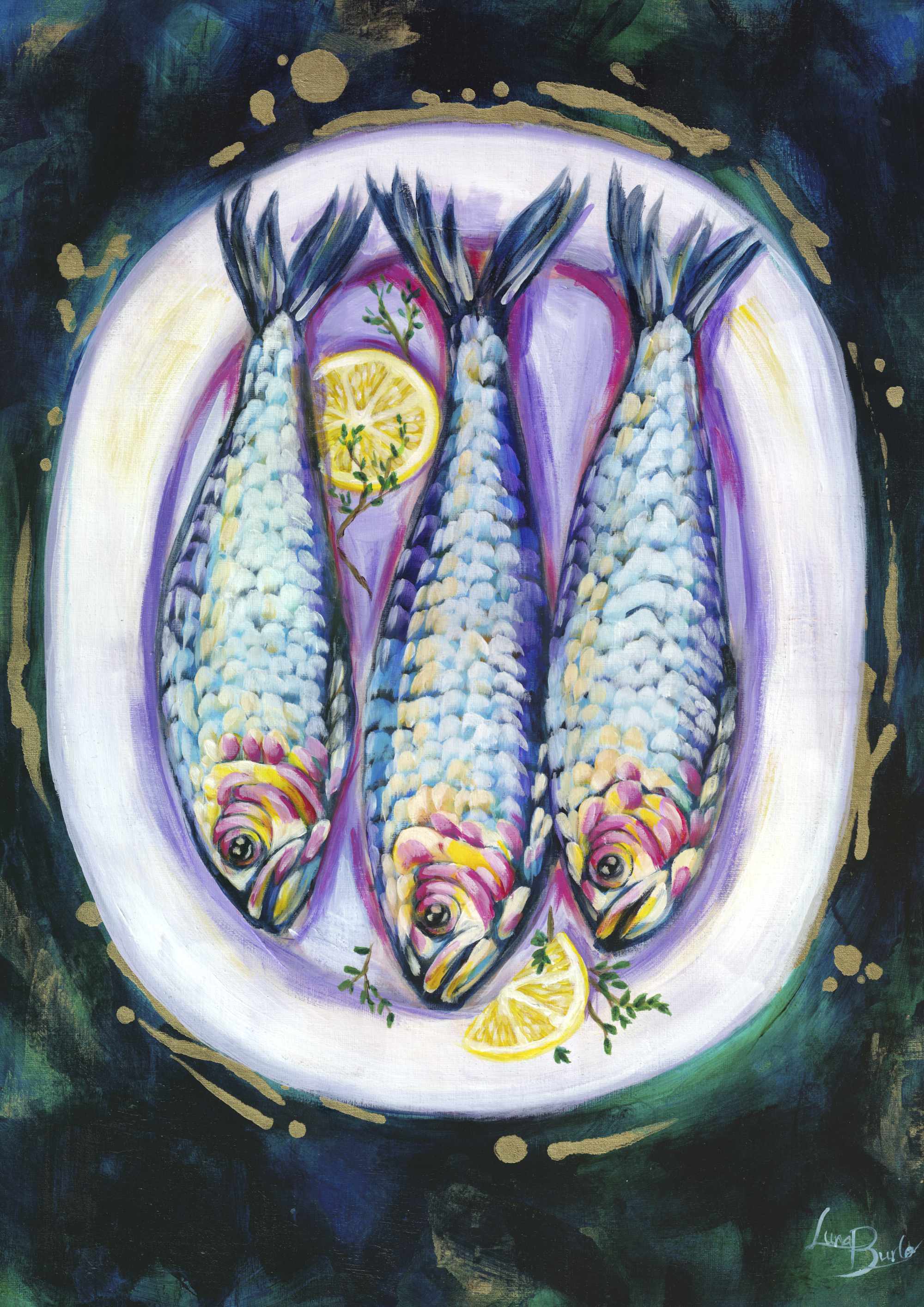 Artistic depiction of three fish with a lemon on a decorative background.

Fine art paper print or her original artwork of "Sardines" from series "Mediterranean Table". A2, A3, A4 scale size

Colorful abstract food art with white, purple, and gold accents on a dark blue and green background. Rectangle vertical or portrait orientation. Made in Melbourne, Australia