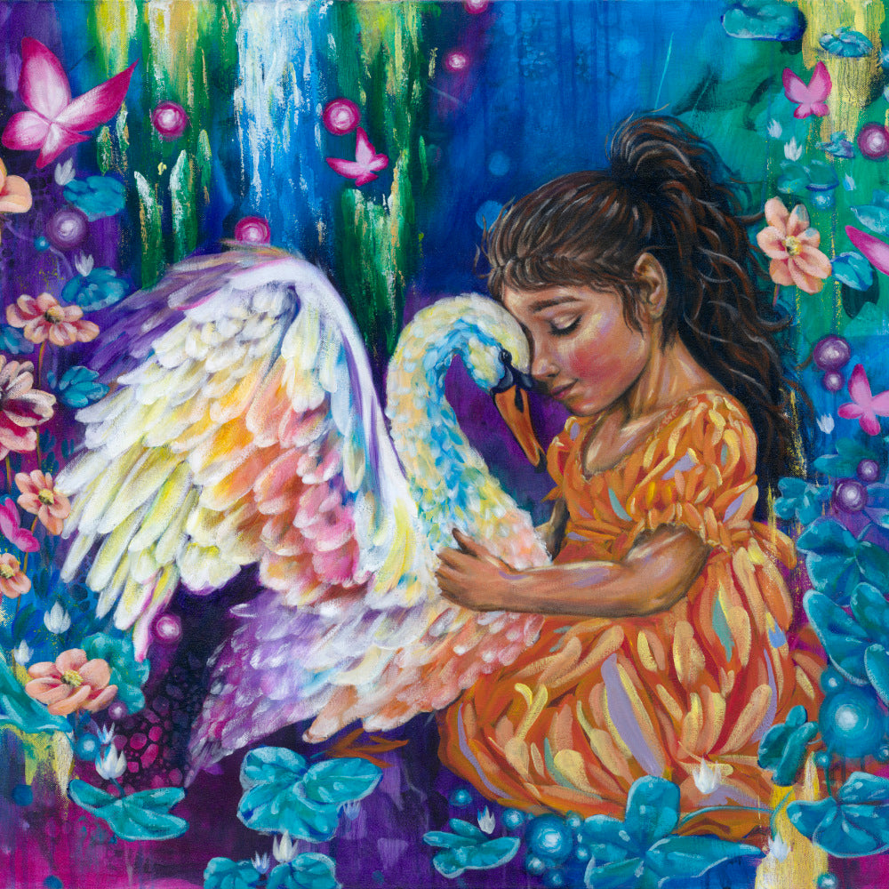 Colorful square fine art print of a Luna Burlo painting of a girl holding a swan in a bright blue and orange fantasy garden with flowers and butterflies. Painted in Melbourne, Australia.