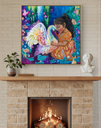 Colorful blue and orange fine art canvas print painting of a girl with a rainbow swan on a fireplace mantle. Art by Luna Burlo, Melbourne, Australia