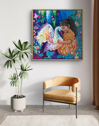 Colorful orange and blue square fine art print of a painting of a girl and swan on a living room wall above a beige chair. Artist: Luna Burlo, Melbourne, Australia.