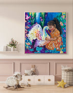 Square blue and orange colorful painting / fine art canvas print of a girl in an orange dress with a rainbow swan in a children's room or nursery. Art by Luna Burlo, Melbourne, Australia