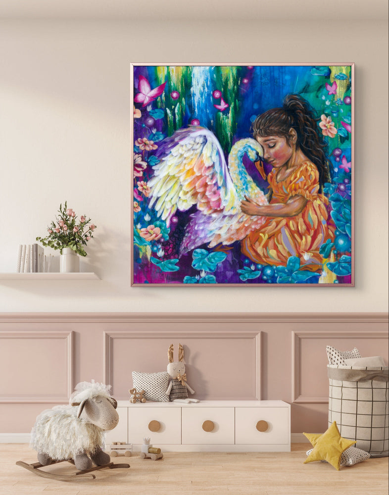 Square blue and orange colorful painting / fine art canvas print of a girl in an orange dress with a rainbow swan in a children's room or nursery. Art by Luna Burlo, Melbourne, Australia