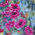 Colorful Luna Burlo abstract floral painting with pink and red Native Australian tea tree flowers and a white flower in the center, with green and gold background. Made in Melbourne, Australia