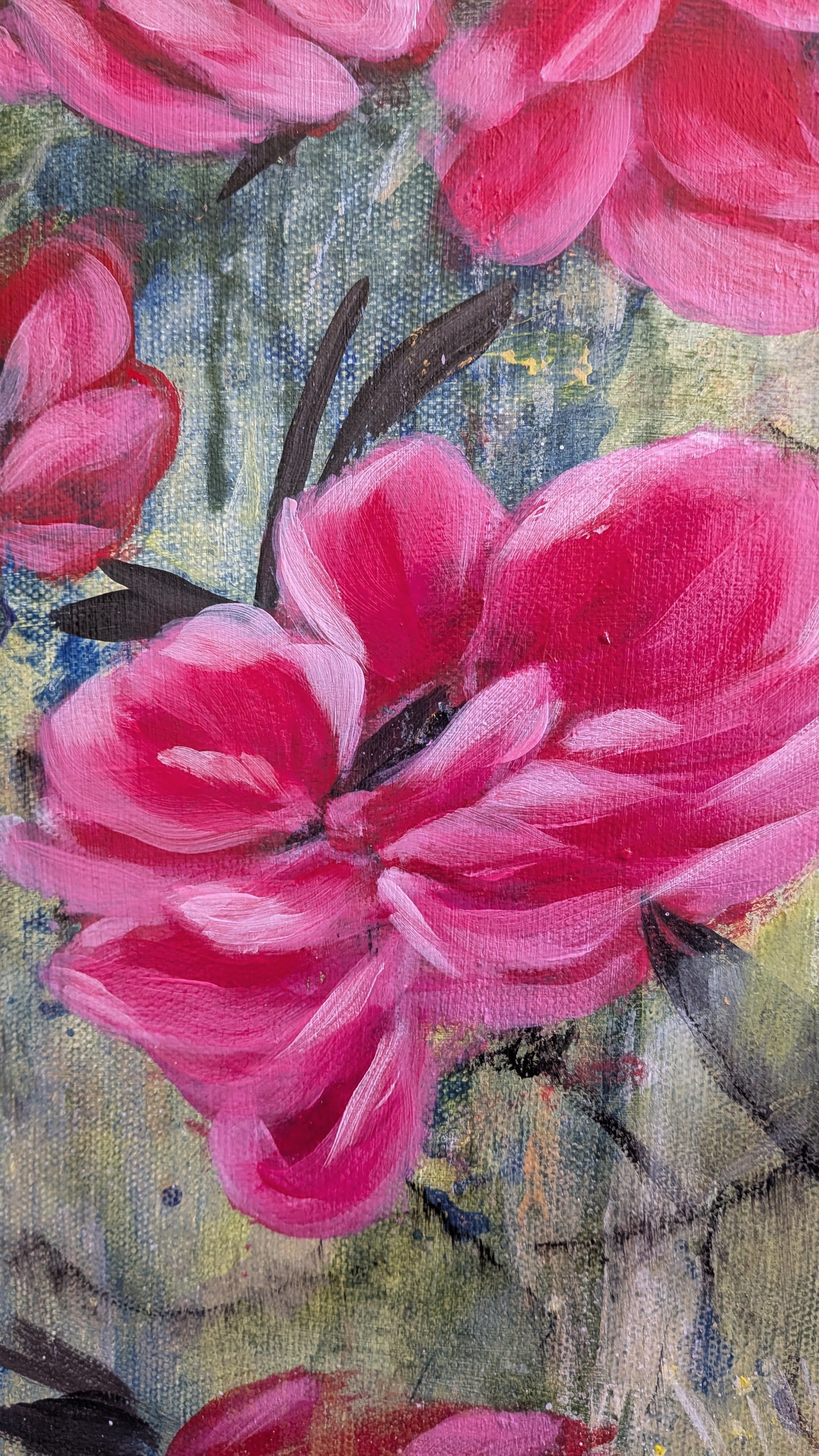 Close up of colorful Luna Burlo abstract floral painting with pink and red Native Australian tea tree flowers and a white flower in the center, with green and gold background. Made in Melbourne, Australia