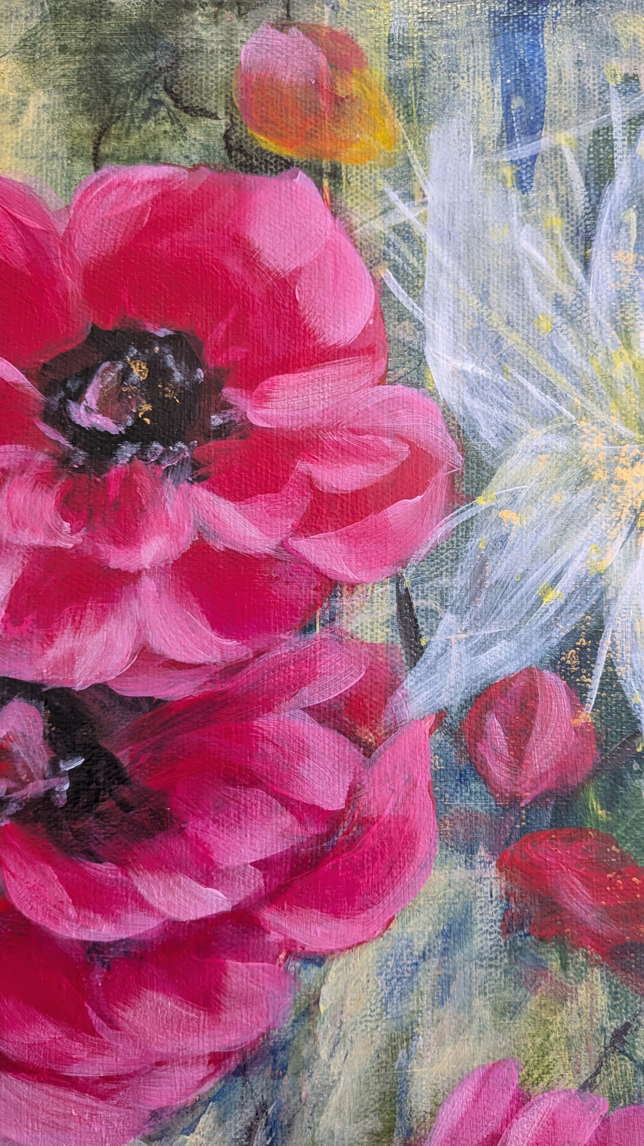 Close up of colorful Luna Burlo abstract floral painting with pink and red Native Australian tea tree flowers and a white flower in the center, with green and gold background. Made in Melbourne, Australia