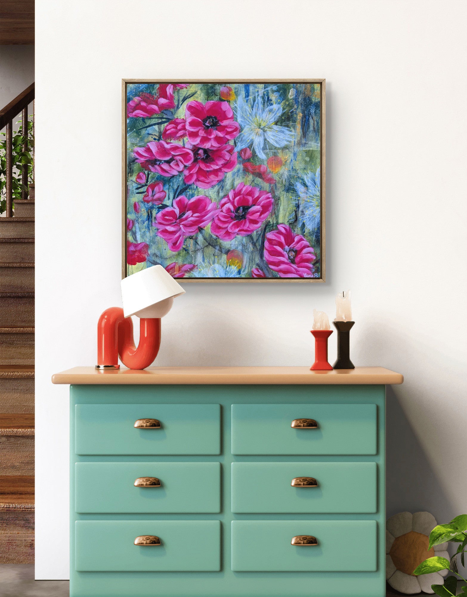 Colorful Luna Burlo original abstract floral painting with pink and red Native Australian tea tree flowers and a white flower in the center, with green and gold background. Square shape, living room above console table styling suggestion. Made in Melbourne, Australia