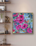 Colorful Luna Burlo original abstract floral painting with pink and red Native Australian tea tree flowers and a white flower in the center, with green and gold background. Square shape, living room, book or shelf nook styling suggestion. Made in Melbourne, Australia