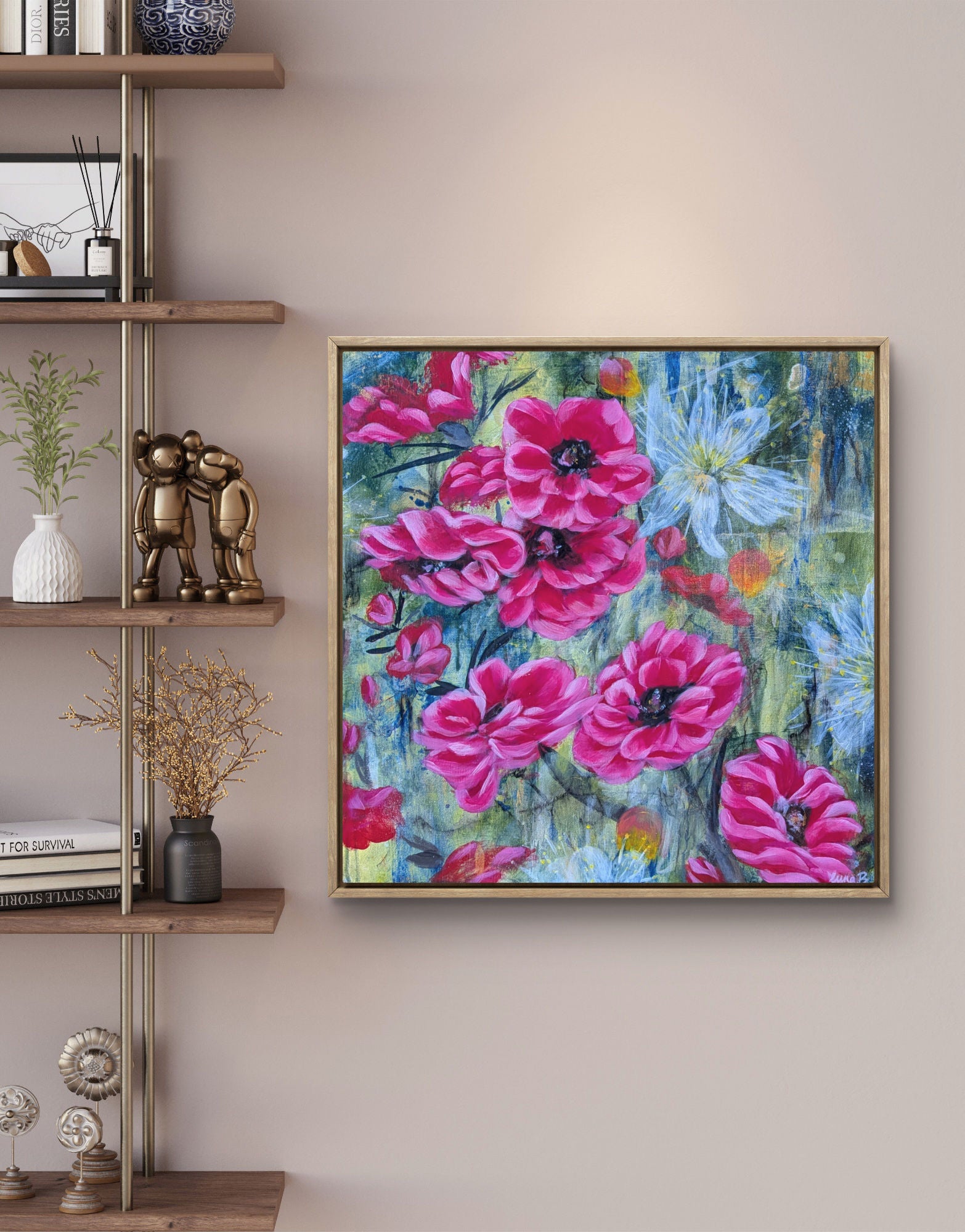 Colorful Luna Burlo original abstract floral painting with pink and red Native Australian tea tree flowers and a white flower in the center, with green and gold background. Square shape, living room, book or shelf nook styling suggestion. Made in Melbourne, Australia