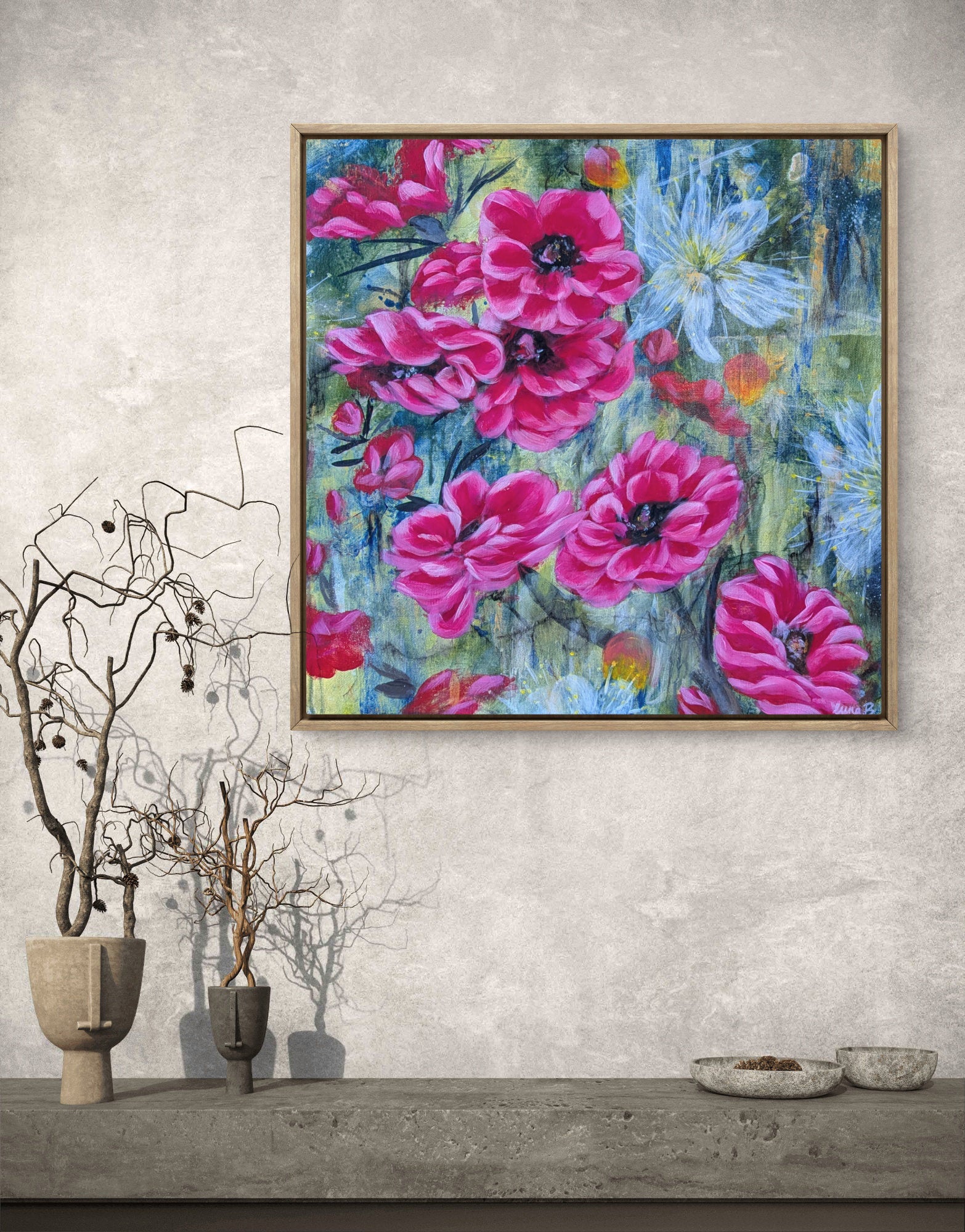 Colorful Luna Burlo original abstract floral painting with pink and red Native Australian tea tree flowers and a white flower in the center, with green and gold background. Square shape, modern industrial contrast against grey wall styling suggestion. Made in Melbourne, Australia