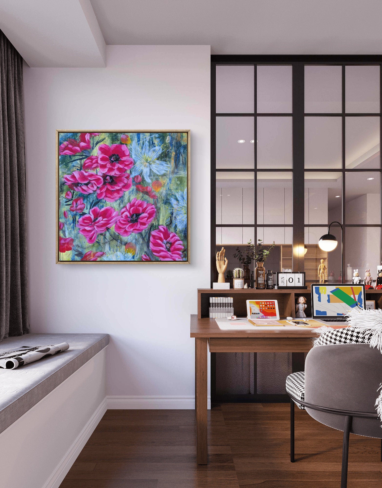 Luna Burlo abstract floral painting with pink and red Native Australian tea tree flowers and a white flower in the center, with green and gold background. Square orientation. 46 x 46 cm. Made in Melbourne, Australia