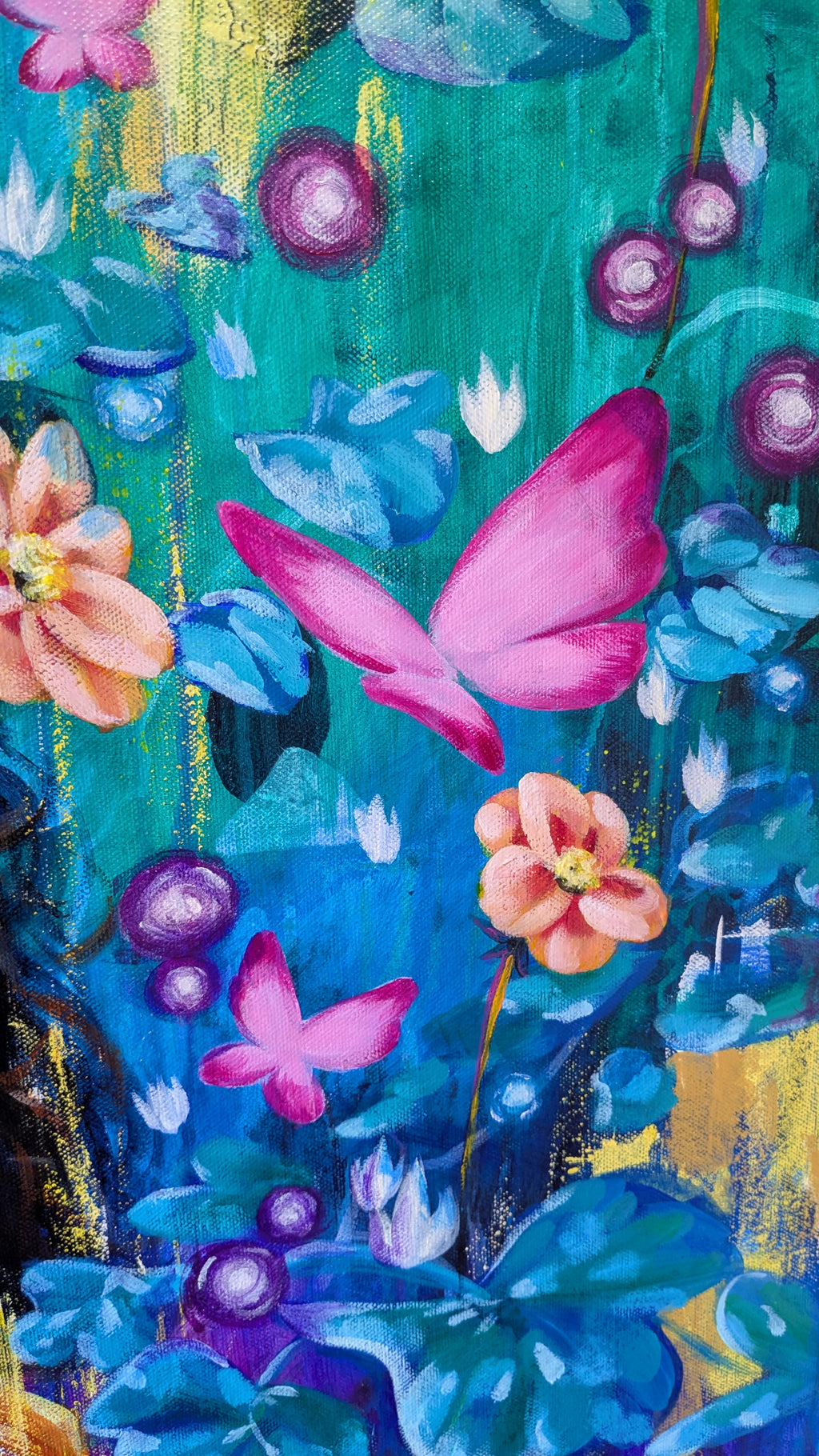 Colorful fantasy art Luna Burlo painting of butterflies and flowers with a vibrant green background