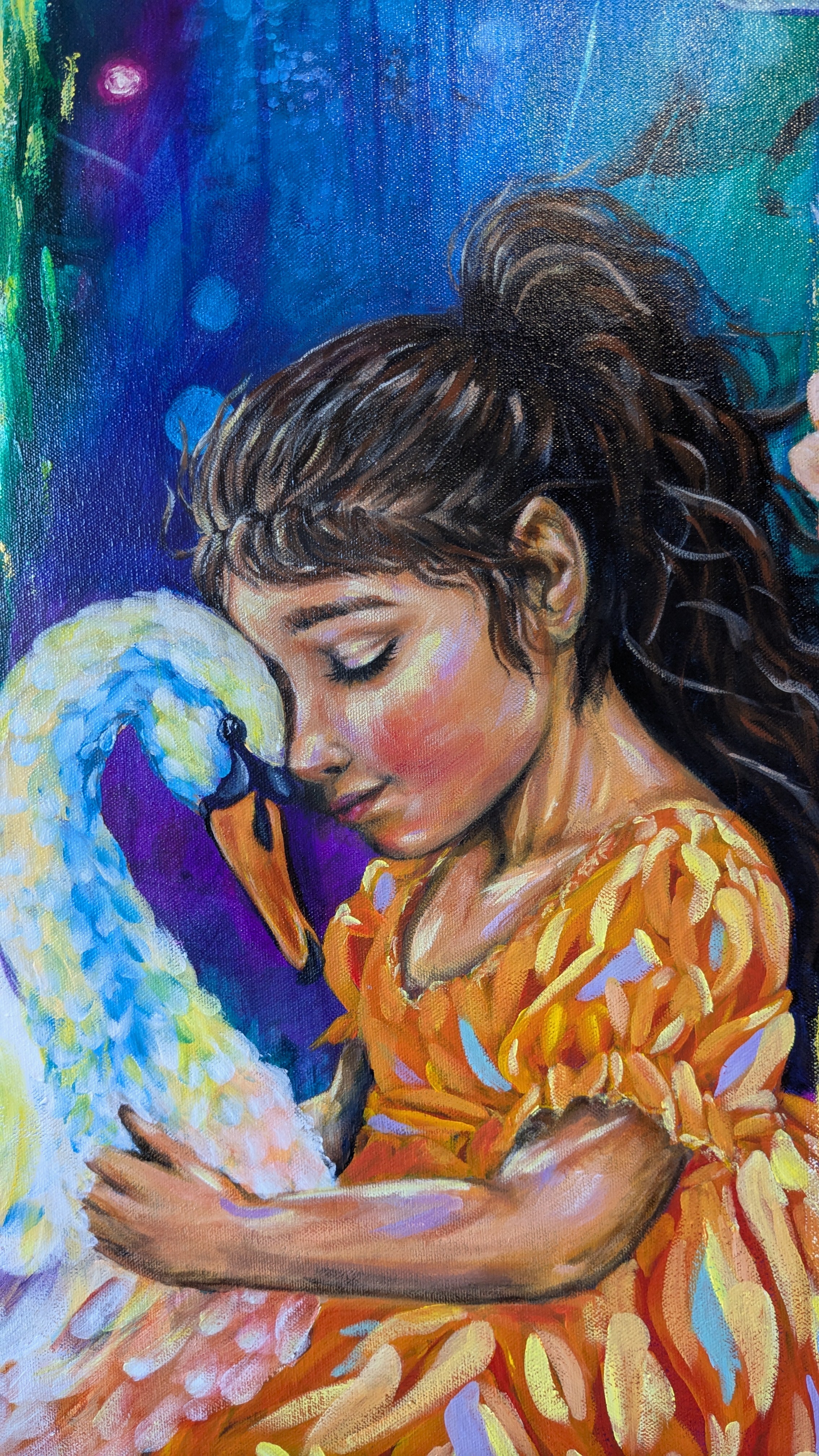 Artistic fantasy art depiction of a child holding a swan with a colorful background by Luna Burlo