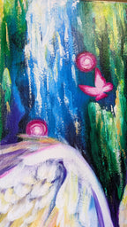 Abstract mixed media Luna Burlo painting detail with pink flowers and colorful background