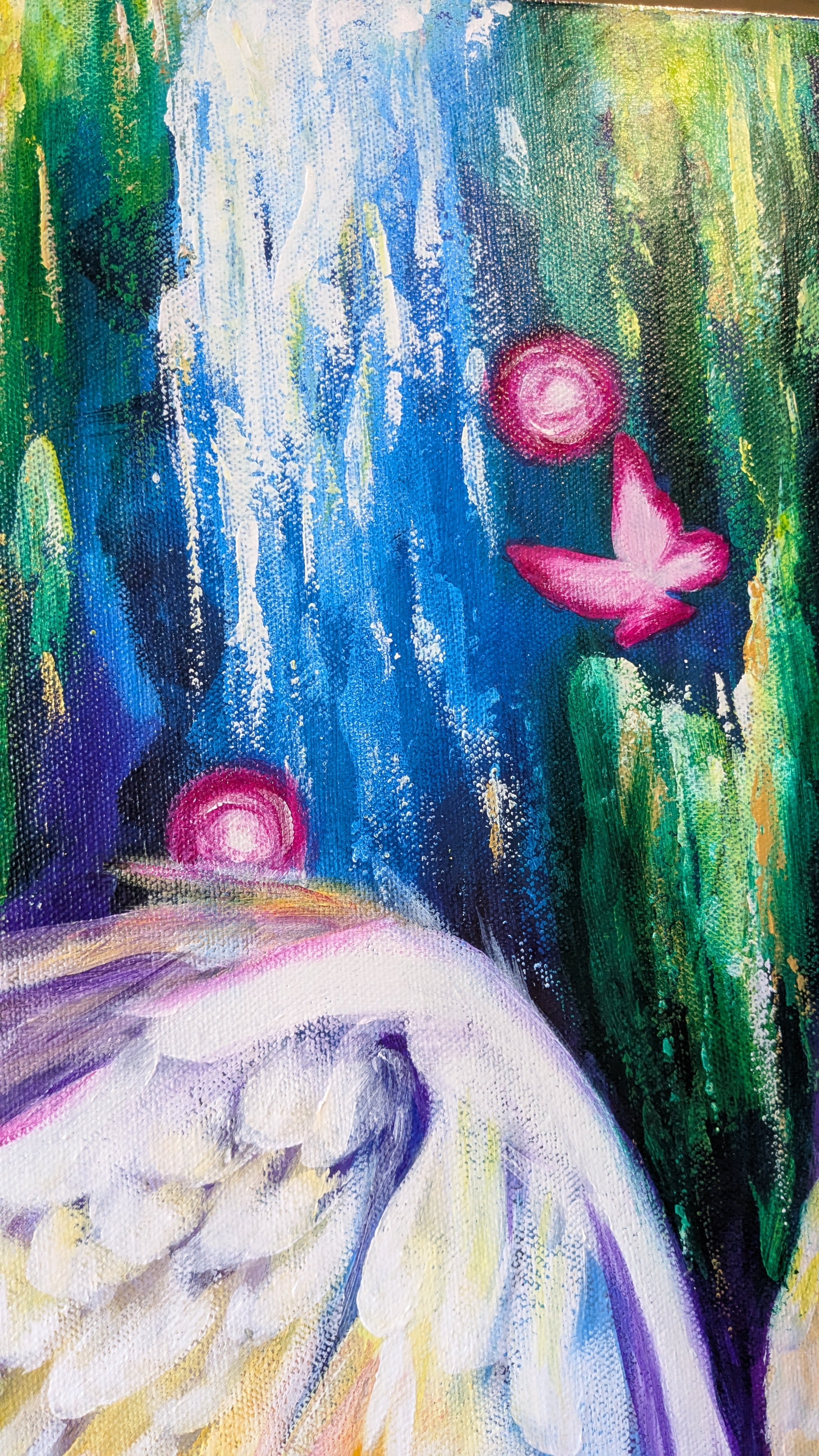 Abstract mixed media Luna Burlo painting detail with pink flowers and colorful background