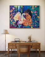 Colorful painting or fine art canvas with frame print of a child with a swan above a wooden desk. Artwork by Luna Burlo - Melbourne, Australia
