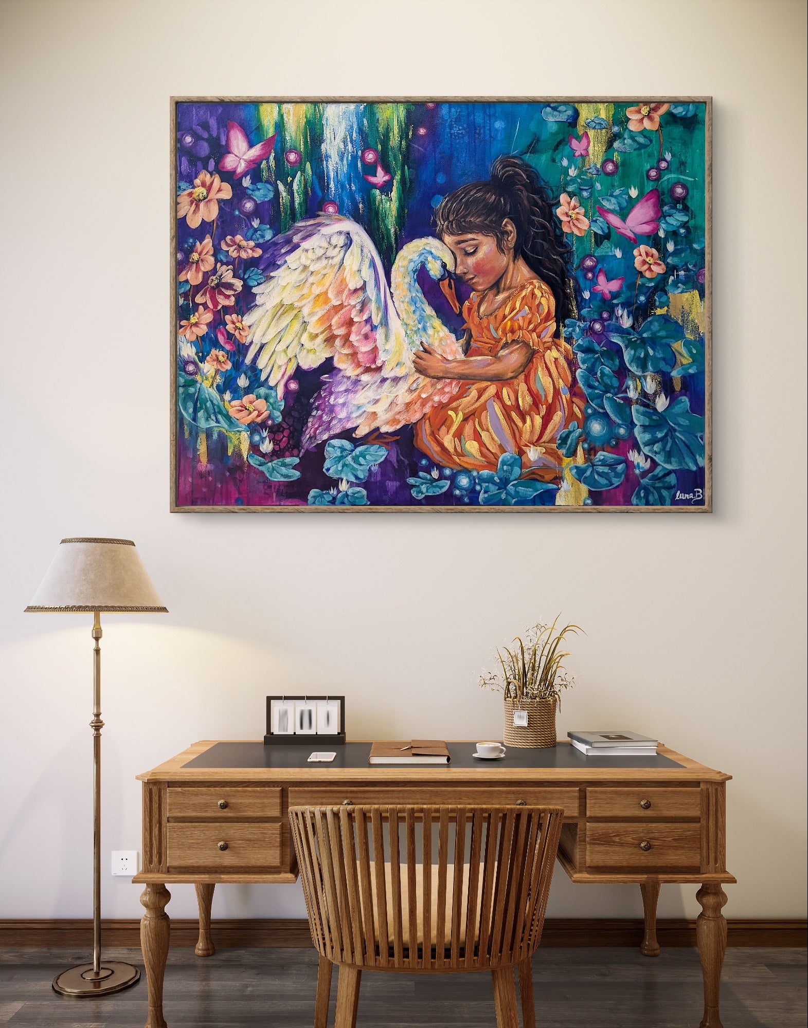 Colorful painting or fine art canvas with frame print of a child with a swan above a wooden desk. Artwork by Luna Burlo - Melbourne, Australia