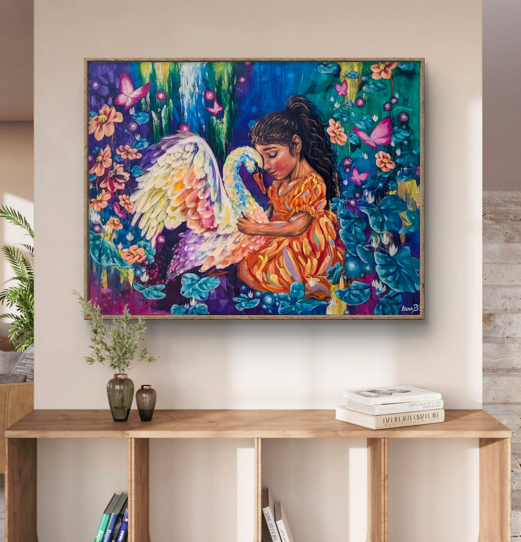 Colorful painting of a girl with a swan and butterflies on a wall above a wooden console table in hall. Luna Burlo, Melbourne, Australia