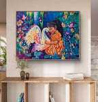 Colorful painting of a girl with a swan and butterflies on a wall above a wooden console table in hall. Luna Burlo, Melbourne, Australia
