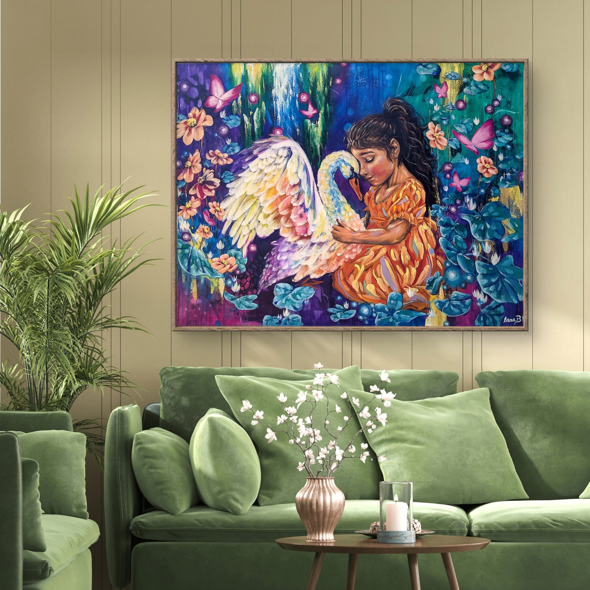 Colorful painting or canvas fine art print of a girl with a swan on a wall above a green sofa couch by Luna Burlo art