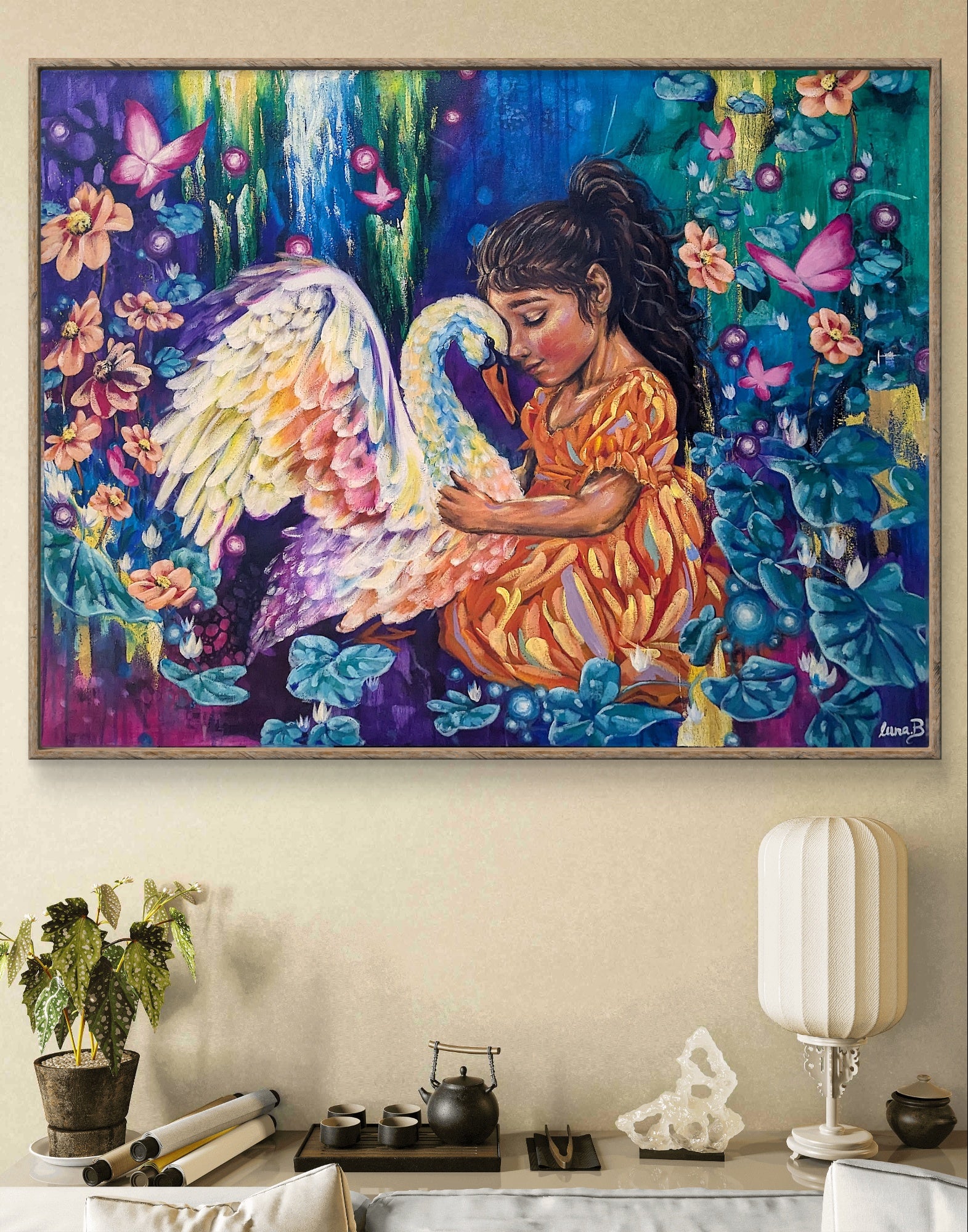 Colorful maximalist style painting of a child holding a swan surrounded by flowers and butterflies in a room with decor elements and desk wall art, by Luna Burlo, Melbourne, Australia