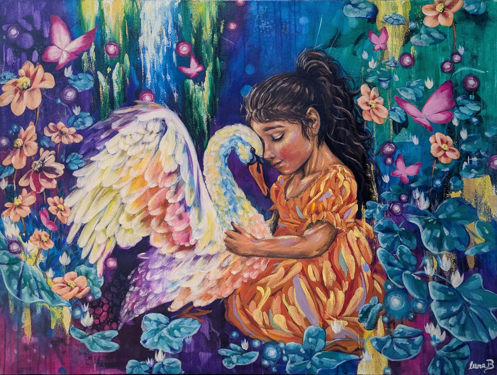 Colorful floral painting or fine art print of a child holding a swan amidst flowers and butterflies. Blue and green background. Artist: Luna Burlo, Melbourne, Australia