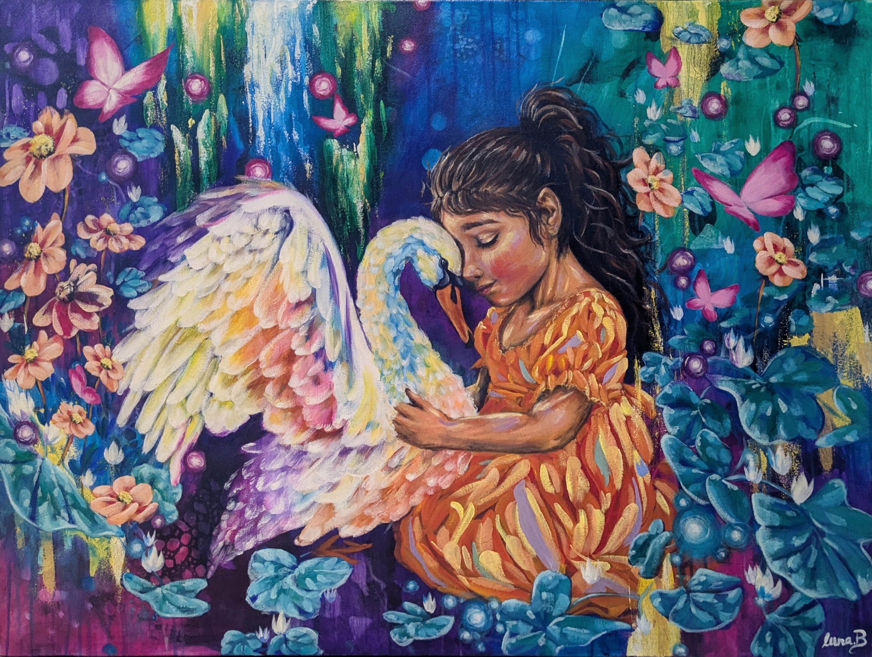 Colorful floral painting or fine art print of a child holding a swan amidst flowers and butterflies. Blue and green background. Artist: Luna Burlo, Melbourne, Australia
