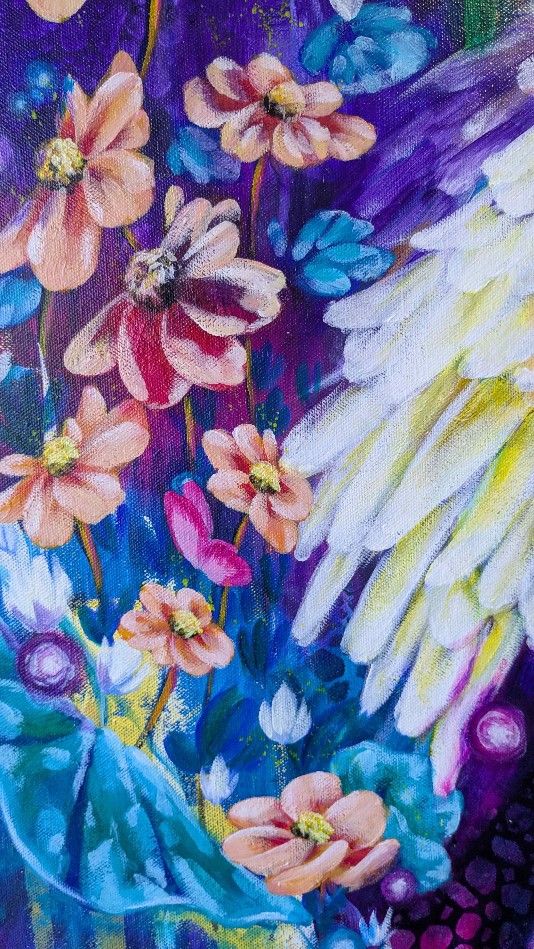 Colorful floral painting by Luna Burlo with a swan's wing on a purple background