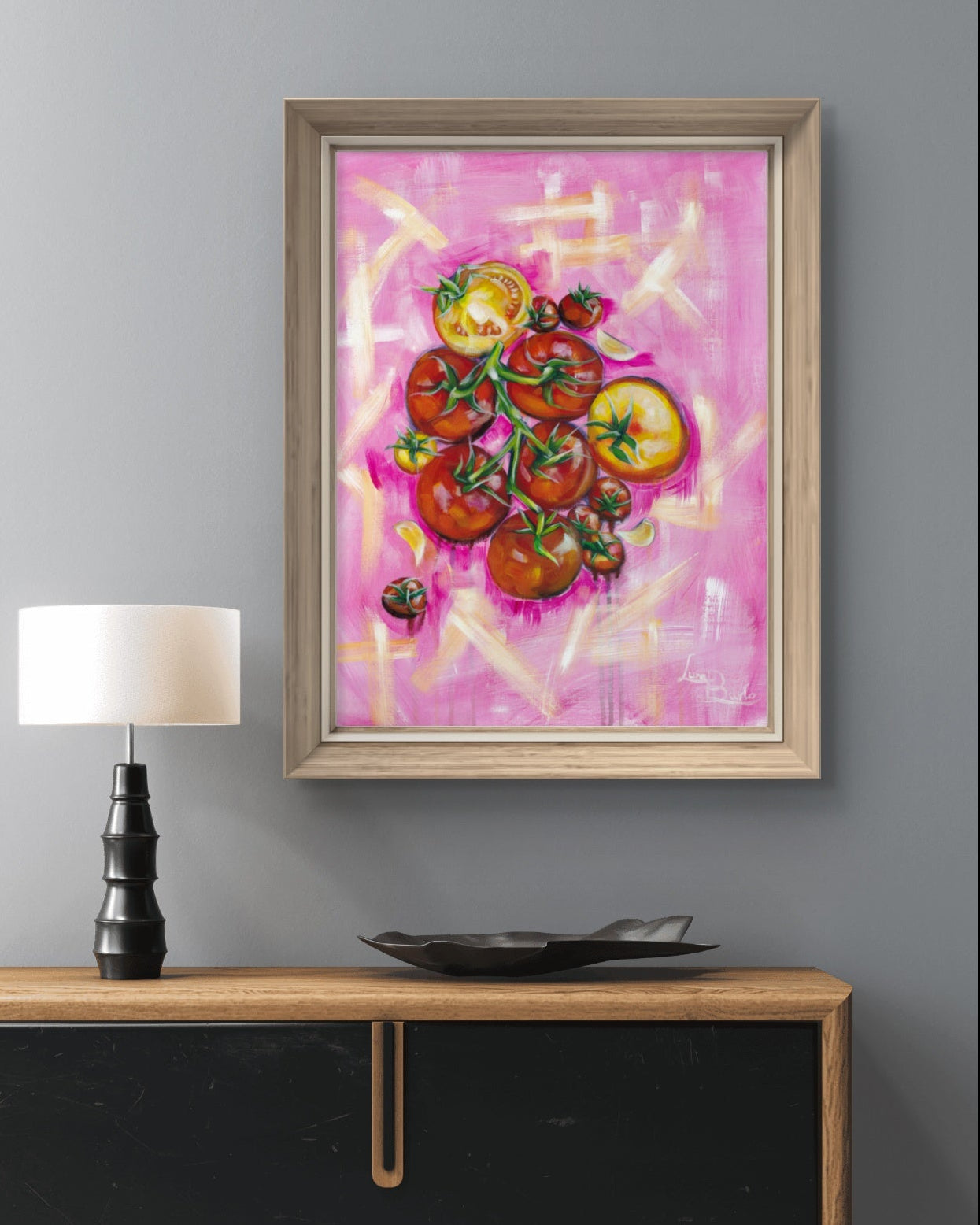 Framed Luna Burlo artwork of tomatoes on a grey living room wall.

Fine art paper print or her original artwork of "Tomatoes" from series "Mediterranean Table".

Colorful abstract food art with red vegtables/fruit, white garlic, and green vines on a textured pink background. Rectangle vertical or portrait orientation. Made in Melbourne, Australia
