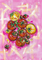 Luna Burlo food art depiction of tomatoes. Fine art paper print or her original artwork of "Tomatoes" from series "Mediterranean Table". A2, A3, A4, scale for prints.

Colorful abstract food art with red vegtables/fruit, white garlic, and green vines on a textured pink background. Rectangle vertical or portrait orientation. Made in Melbourne, Australia