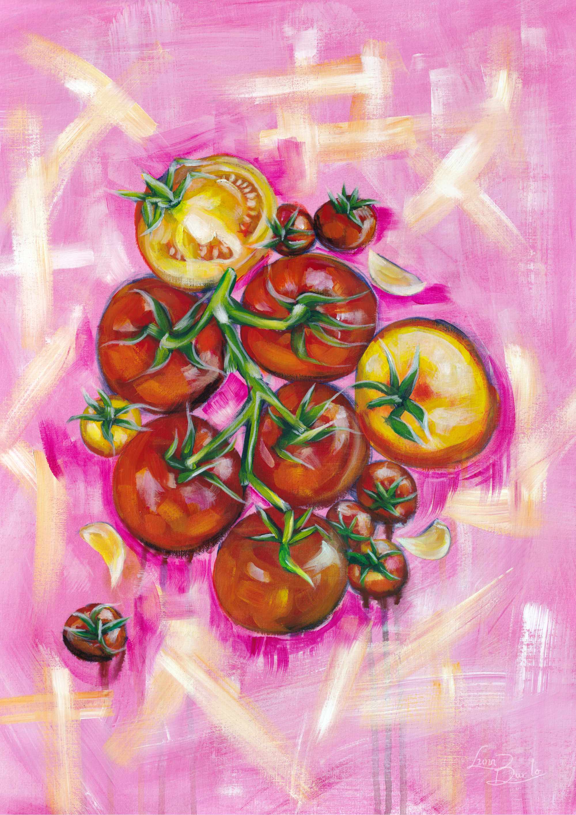 Luna Burlo food art depiction of tomatoes. Fine art paper print or her original artwork of "Tomatoes" from series "Mediterranean Table". A2, A3, A4, scale for prints.

Colorful abstract food art with red vegtables/fruit, white garlic, and green vines on a textured pink background. Rectangle vertical or portrait orientation. Made in Melbourne, Australia