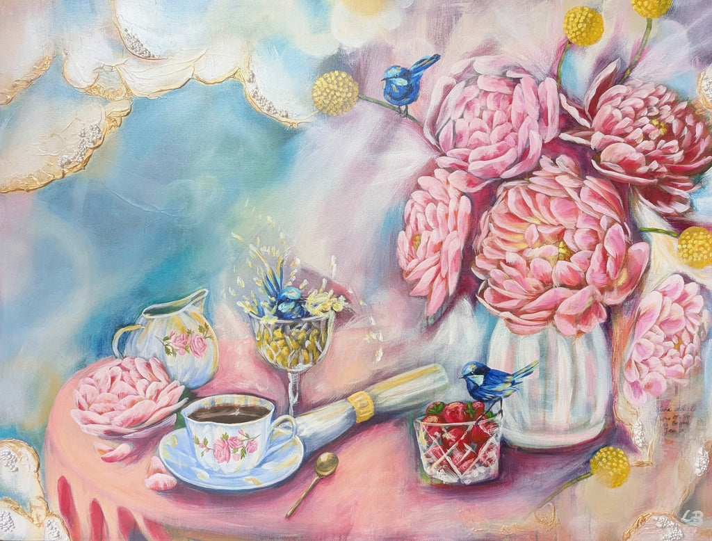 Colorful Luna Burlo painting or framed canvas fine art print of a table setting (table scape) with pink peony flowers, teacup, and strawberries on a pastel blue background. Artwork in Melbourne, Australia