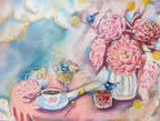 Colorful Luna Burlo painting or framed canvas fine art print of a table setting (table scape) with pink peony flowers, teacup, and strawberries on a pastel blue background. Artwork in Melbourne, Australia