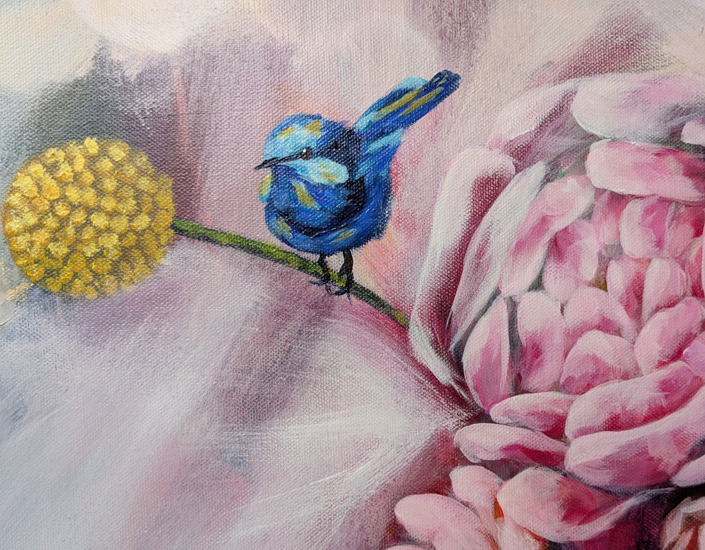 Painting of a blue Australian "Fairy Wren" bird on a native Billy Button flower stem with pink peony flowers. Mixed media artwork by Luna Burlo, Australia
