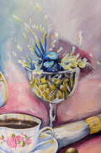 Fun painting of a Australian Native blue "fairy wren" bird in a glass with Champaign next to a teacup and saucer. Artist, Luna Buro, Melbourne, Australia