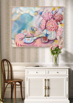 Decorative interior with a colorful Luna Burlo painting of peony and Billy Button flowers and a teacup, a wooden chair, and a white cabinet/desk. Melbourne, Australia