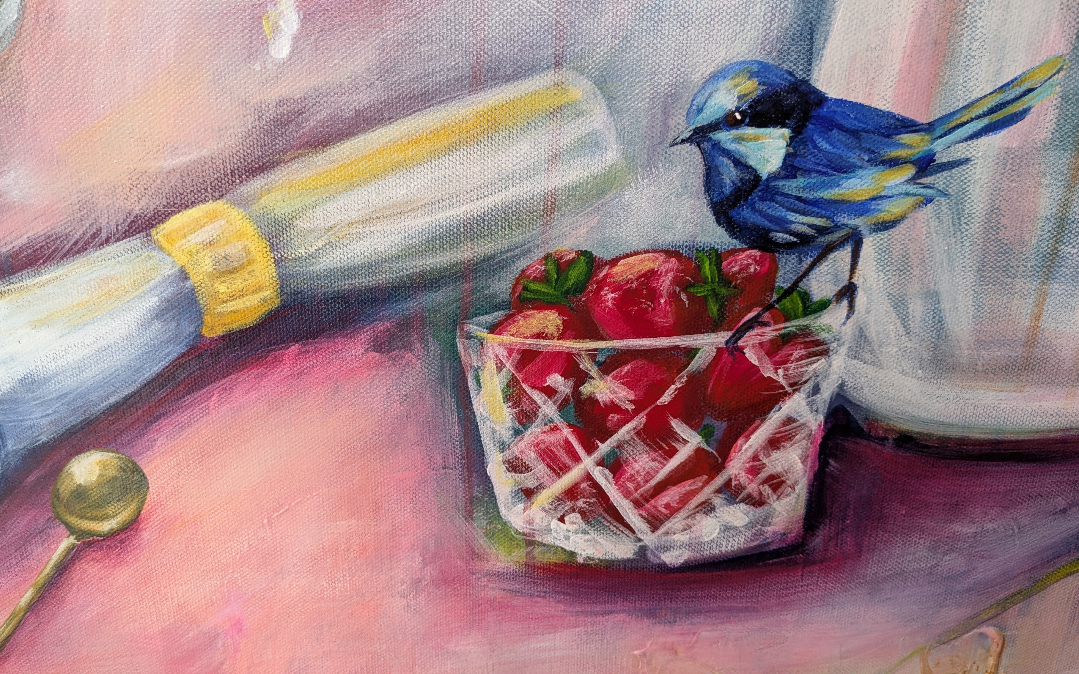Painting of a gold spoon, and glass bowl of strawberries, on a pink surface, with native Australian Fairy Wren. Original art/canvas print by Luna Burlo Art