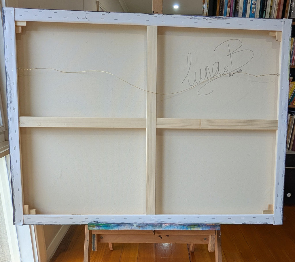 Large white canvas with a signature on an easel in a room. ainting "The Wren-ovated Bird Bath" by artist, Luna Burlo, Australia