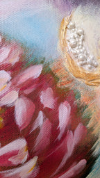 Close-up of a painting with pink peony flowers and a gold texture on "Wren-0vated Bird Bath". Artist, Luna Burlo, Melbourne, Australia