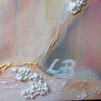 Abstract art with mixed media textured surface, pearl glass beads, and visible artist's signature by Luna Burlo, Australia.