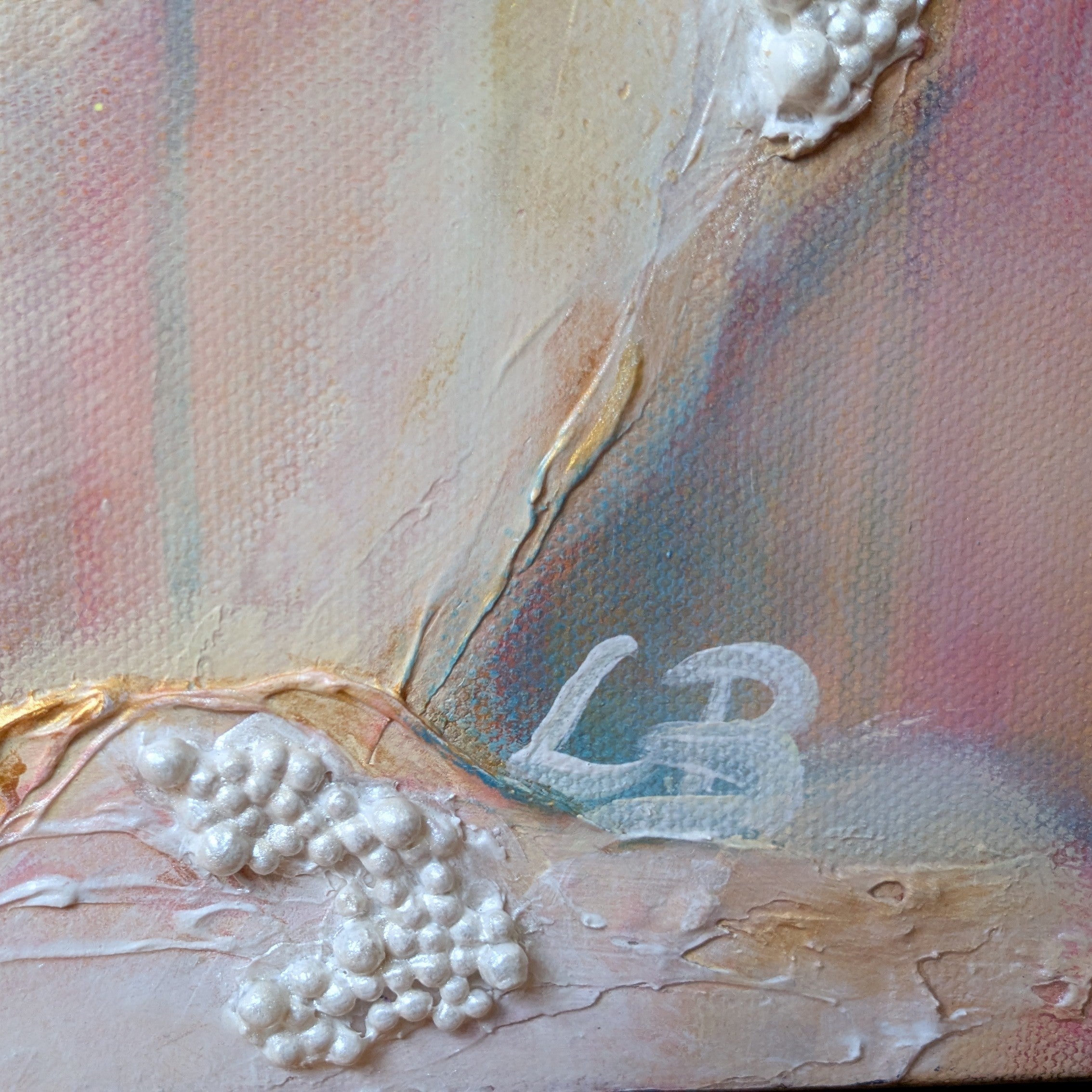 Abstract art with mixed media textured surface, pearl glass beads, and visible artist's signature by Luna Burlo, Australia.