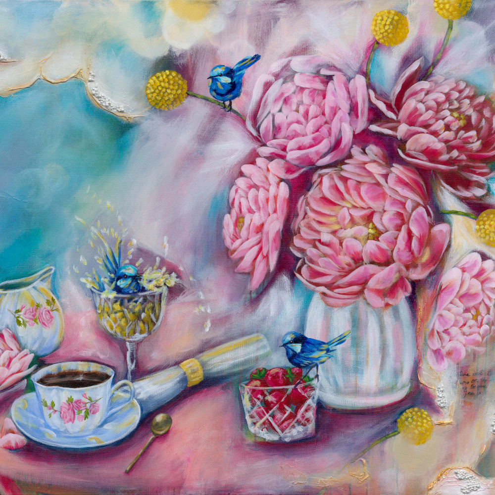 Luna Burlo colorful still life fine art canvas print of a painting with pink peony flowers, Australian native fairy wren birds, and billy button flowers, with tea set, and other items on a table. Painted in Melbourne, Australia